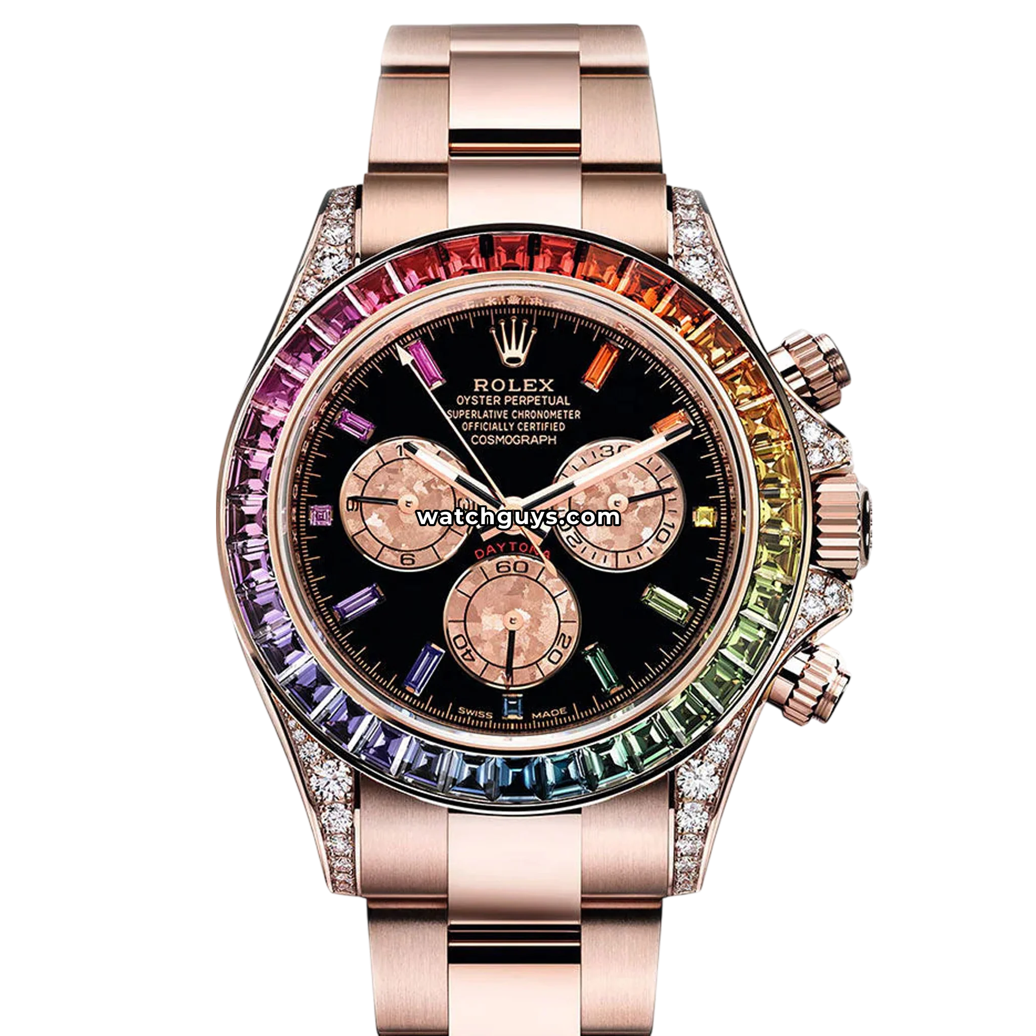 Rolex Daytona Rainbow reference 116595RBOW in Everose gold with rainbow sapphire bezel and diamond lugs product photo from WatchGuys