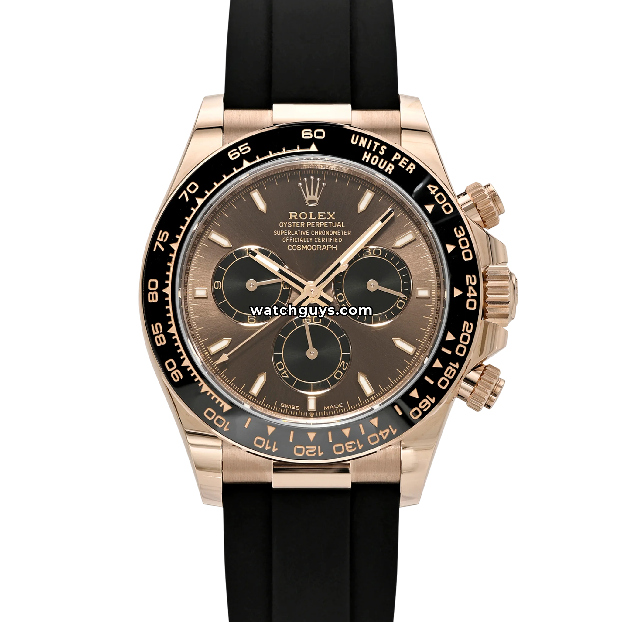 Rolex Daytona reference 126515 in Everose gold with a chocolate brown dial, ceramic bezel and Oysterflex strap, product photo from WatchGuys