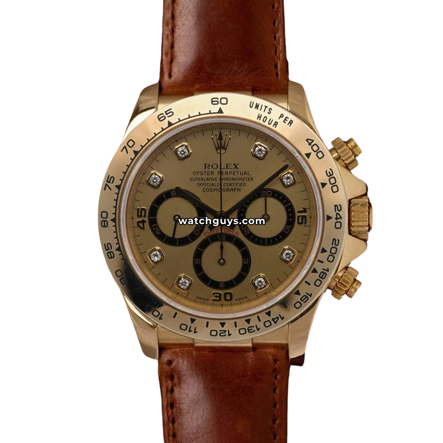 Rolex Daytona 16518 Champagne Diamond Dial 40mm 18K Yellow Gold – WatchGuys