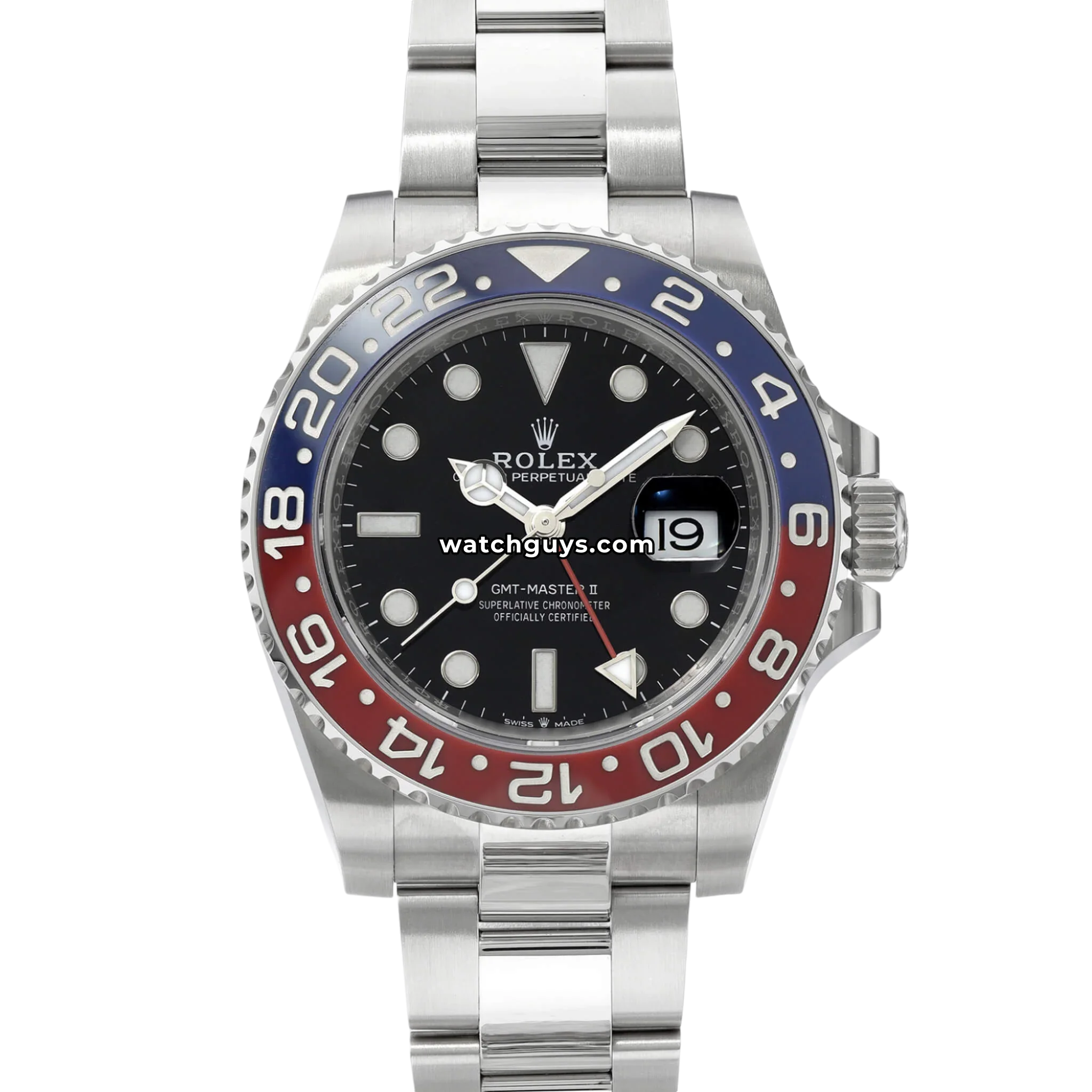 Rolex GMT-Master II Pepsi reference 126710BLRO in Oystersteel with red and blue Cerachrom bezel on Oyster bracelet product photo from WatchGuys