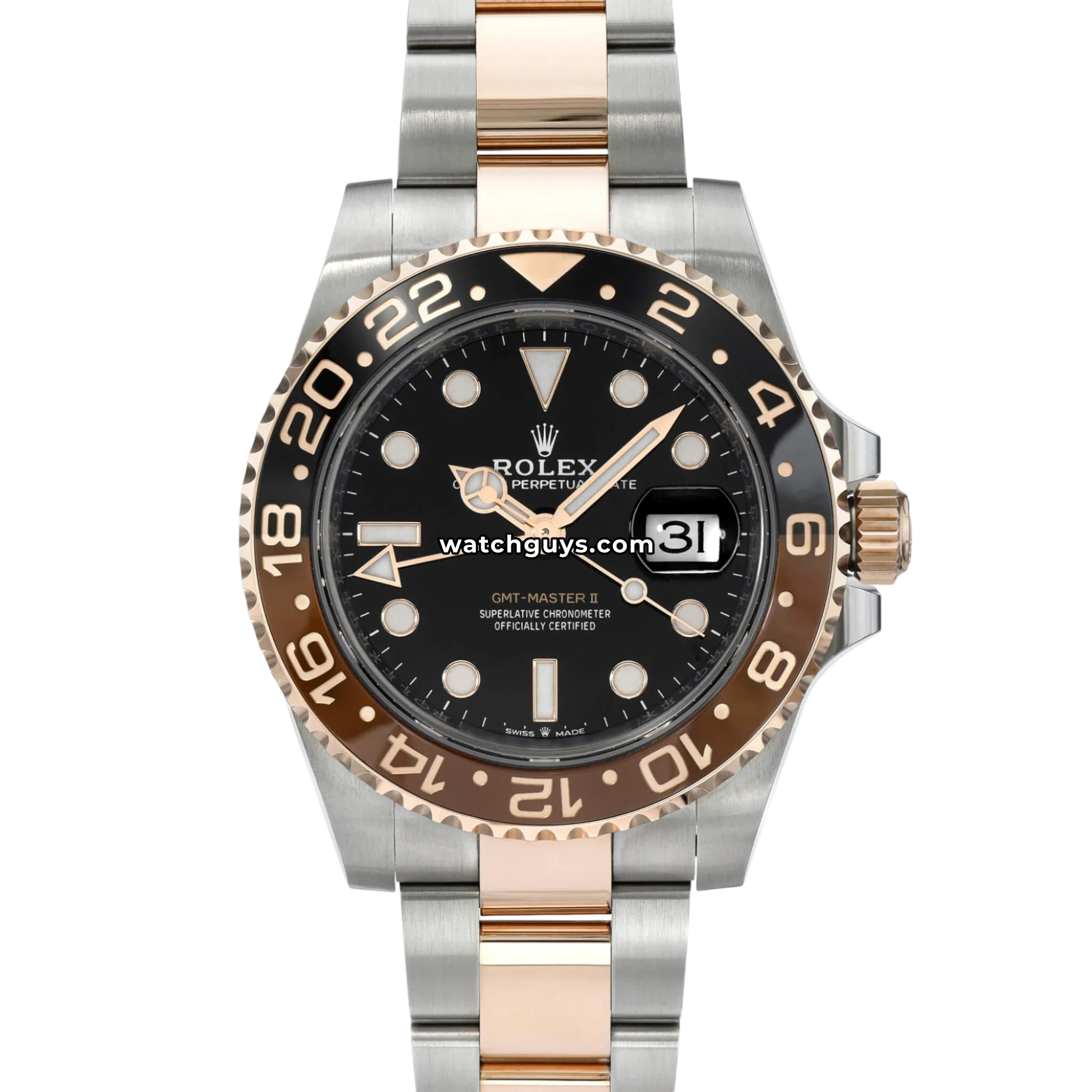 Rolex GMT-Master II Rootbeer reference 126711CHNR in steel and Everose gold with brown and black ceramic bezel product photo from WatchGuys