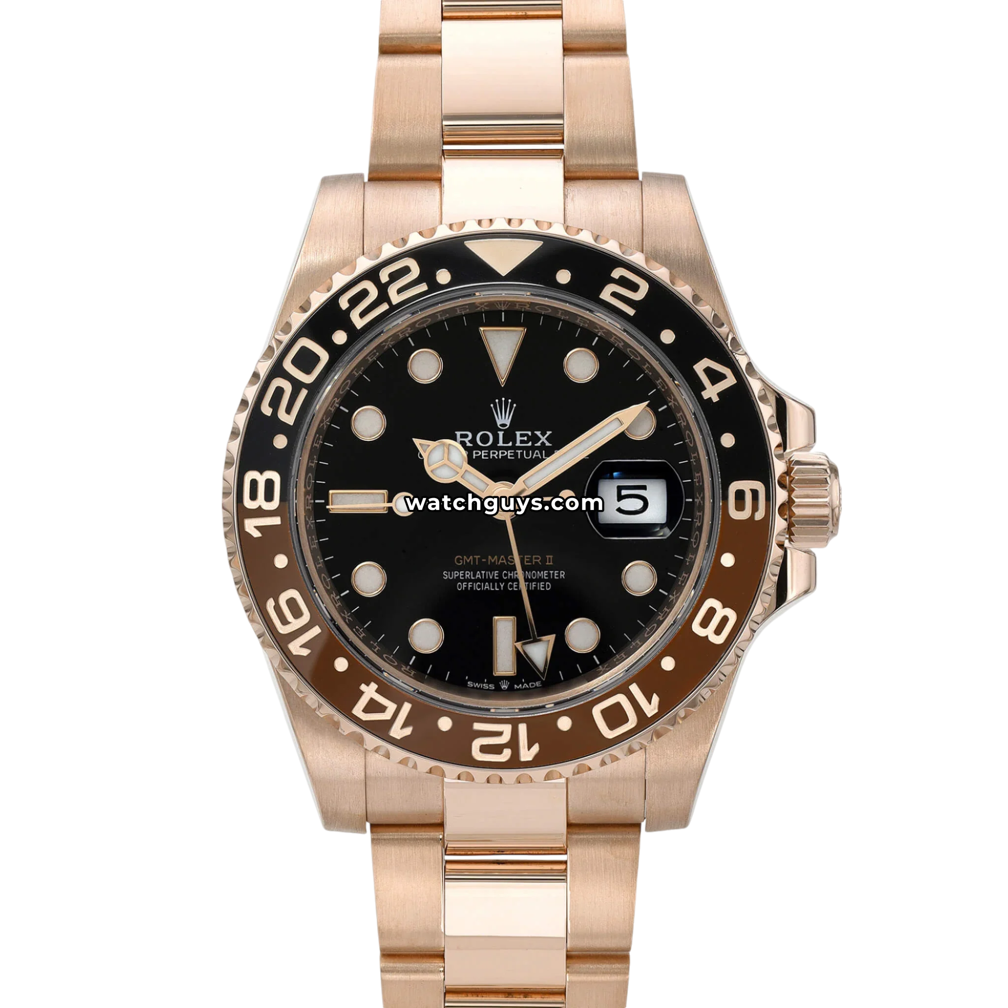 Rolex GMT-Master II Rootbeer reference 126715CHNR in 18k Everose gold with brown and black Cerachrom bezel product photo from WatchGuys