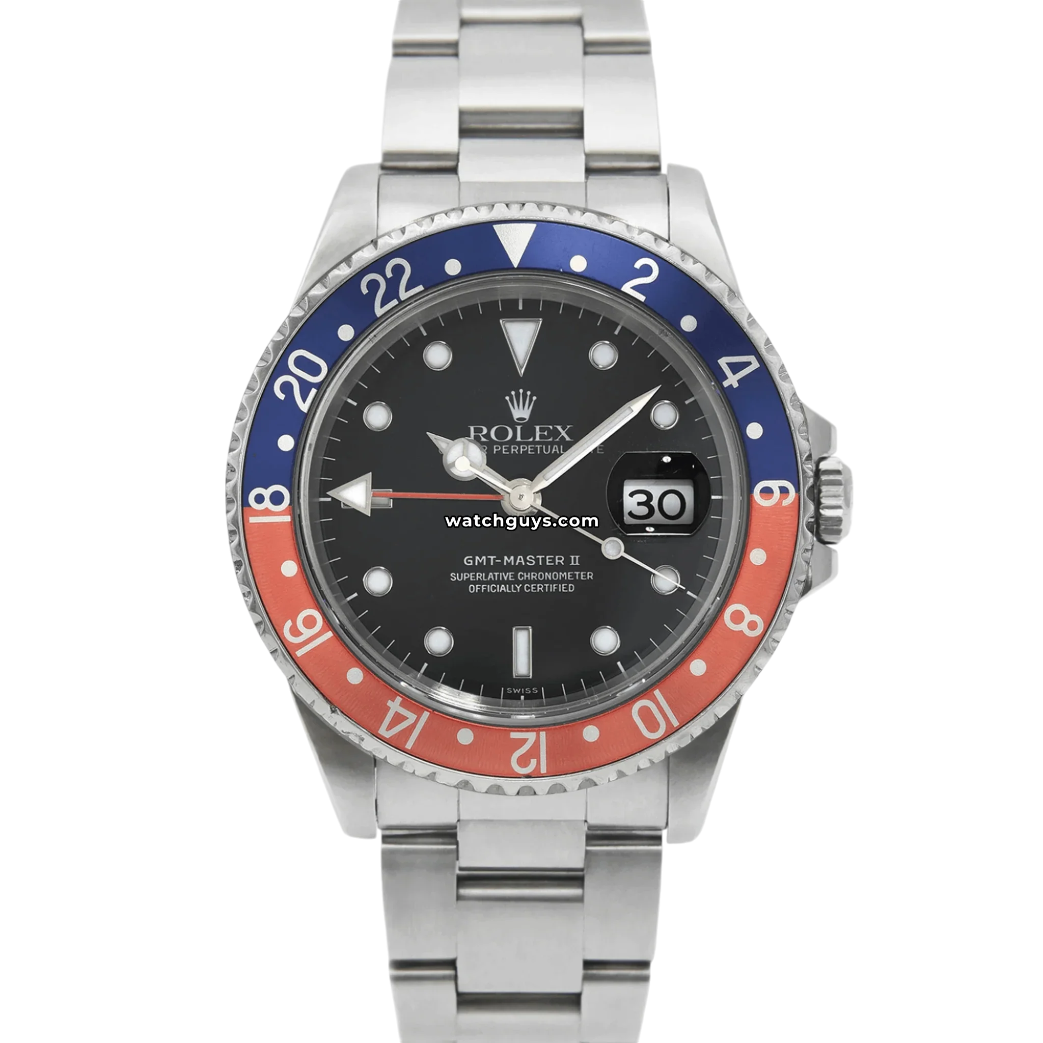 Rolex GMT-Master II reference 16710 with red and blue Pepsi bezel, black dial and Oyster bracelet product photo from WatchGuys