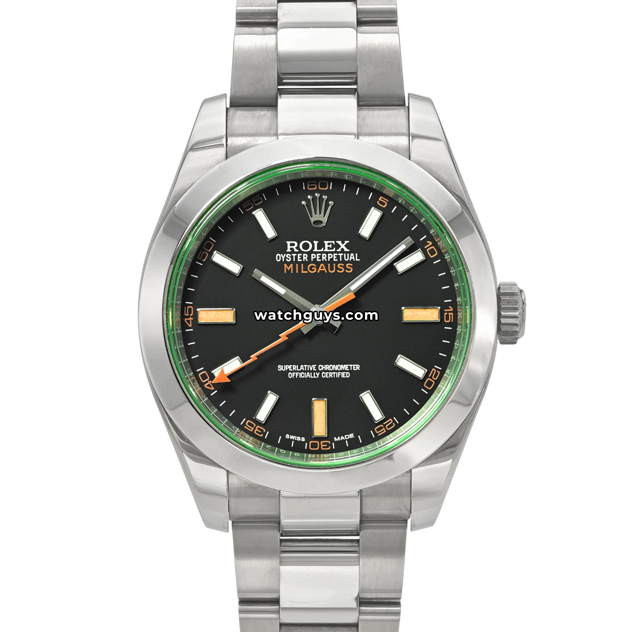 Rolex Milgauss reference 116400GV with black dial, green sapphire crystal and orange lightning seconds hand product photo from WatchGuys