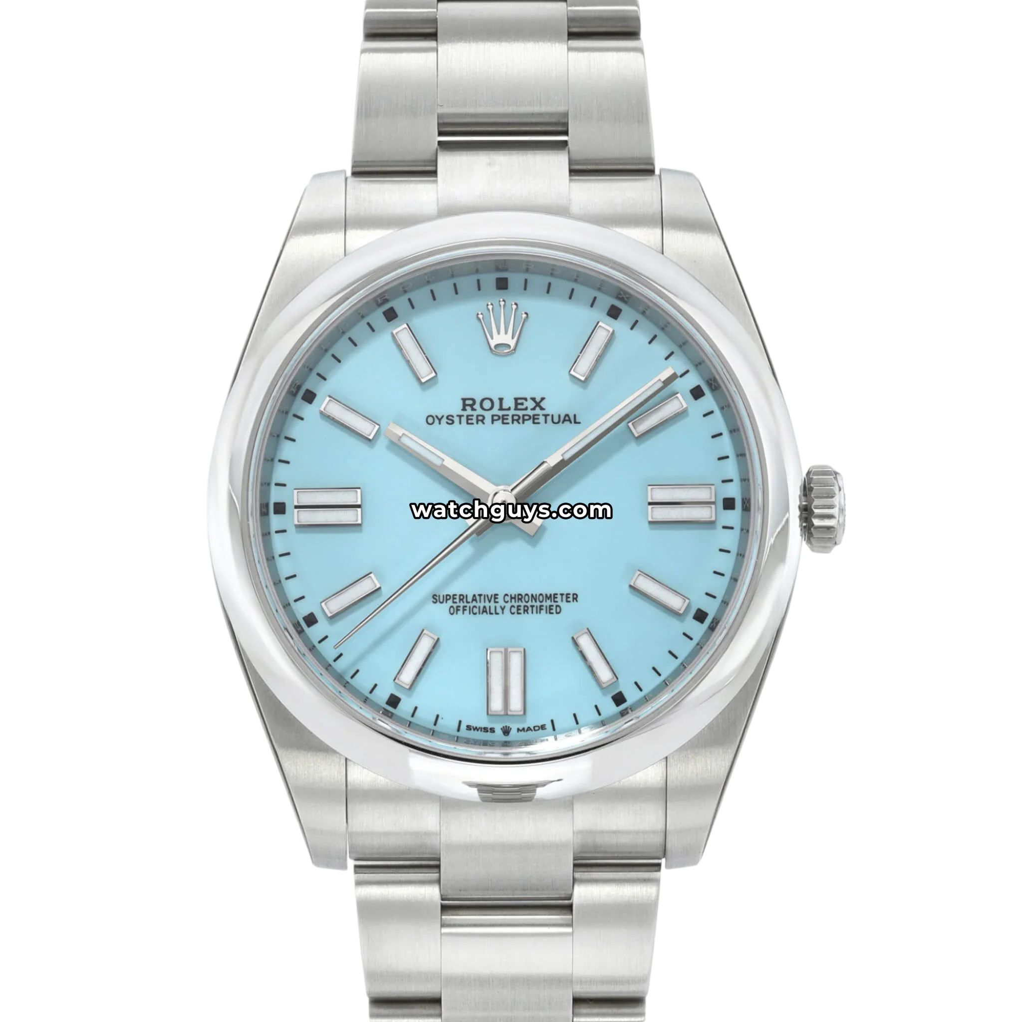 Rolex Oyster Perpetual 41 reference 124300 in steel with turquoise tiffany-blue dial, product photo from WatchGuys