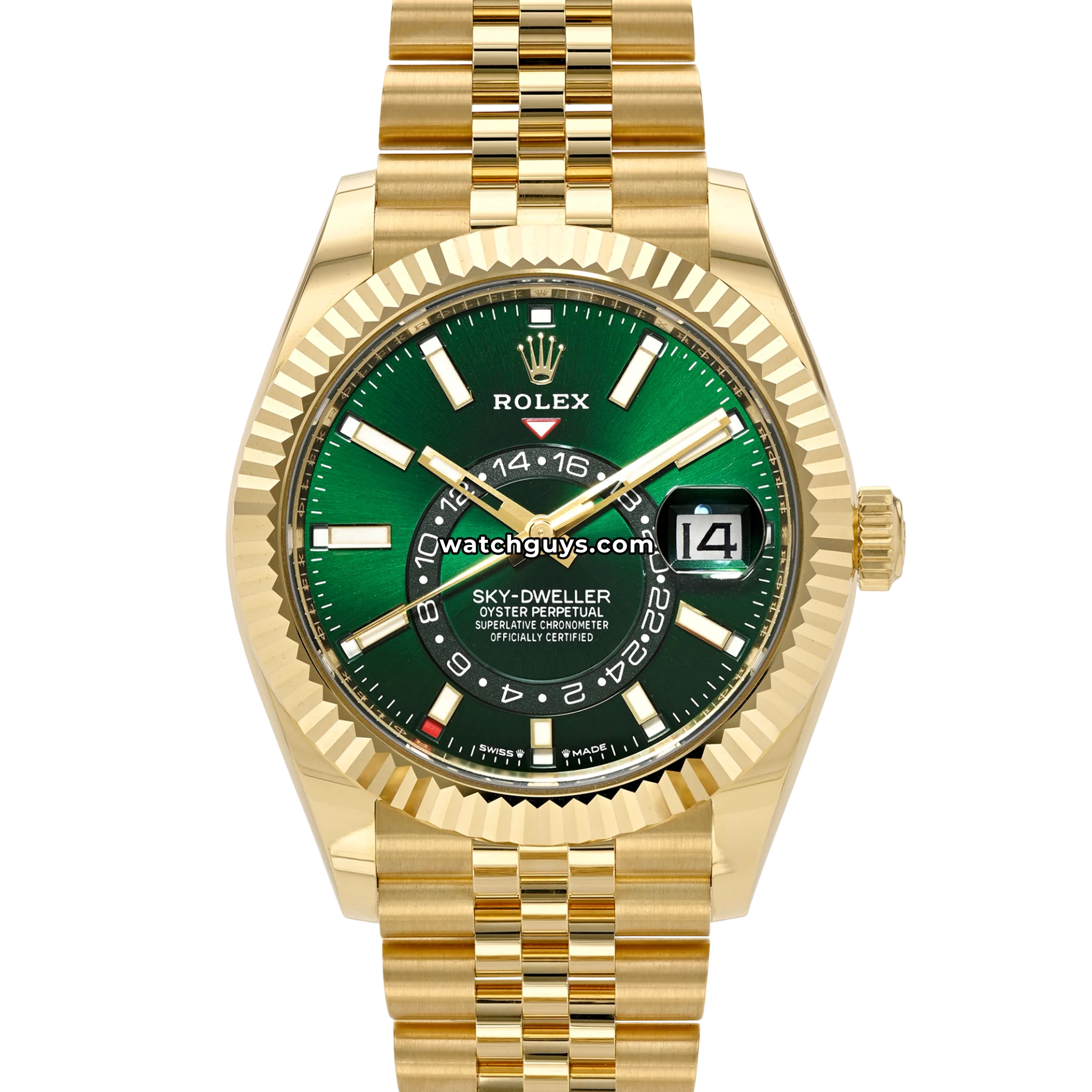 Rolex Sky-Dweller reference 336938 with yellow gold case, fluted bezel and green dial on Jubilee bracelet product photo from WatchGuys