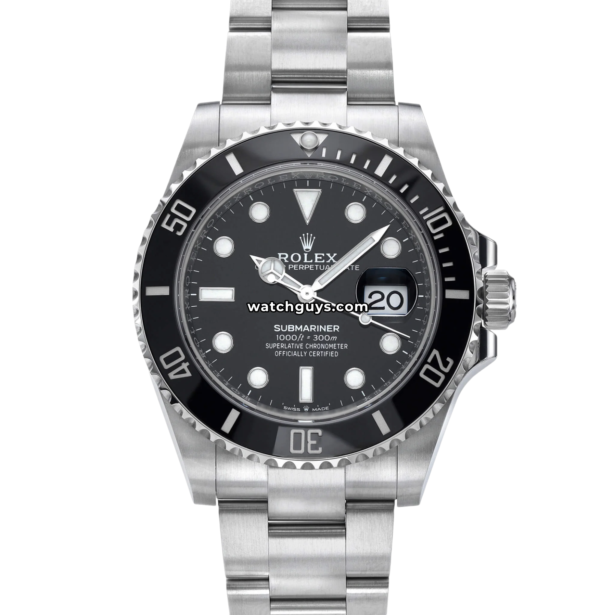 Rolex Submariner Date reference 126610LN in Oystersteel with black Cerachrom bezel and custom 42-0 engraved caseback, product photo from WatchGuys