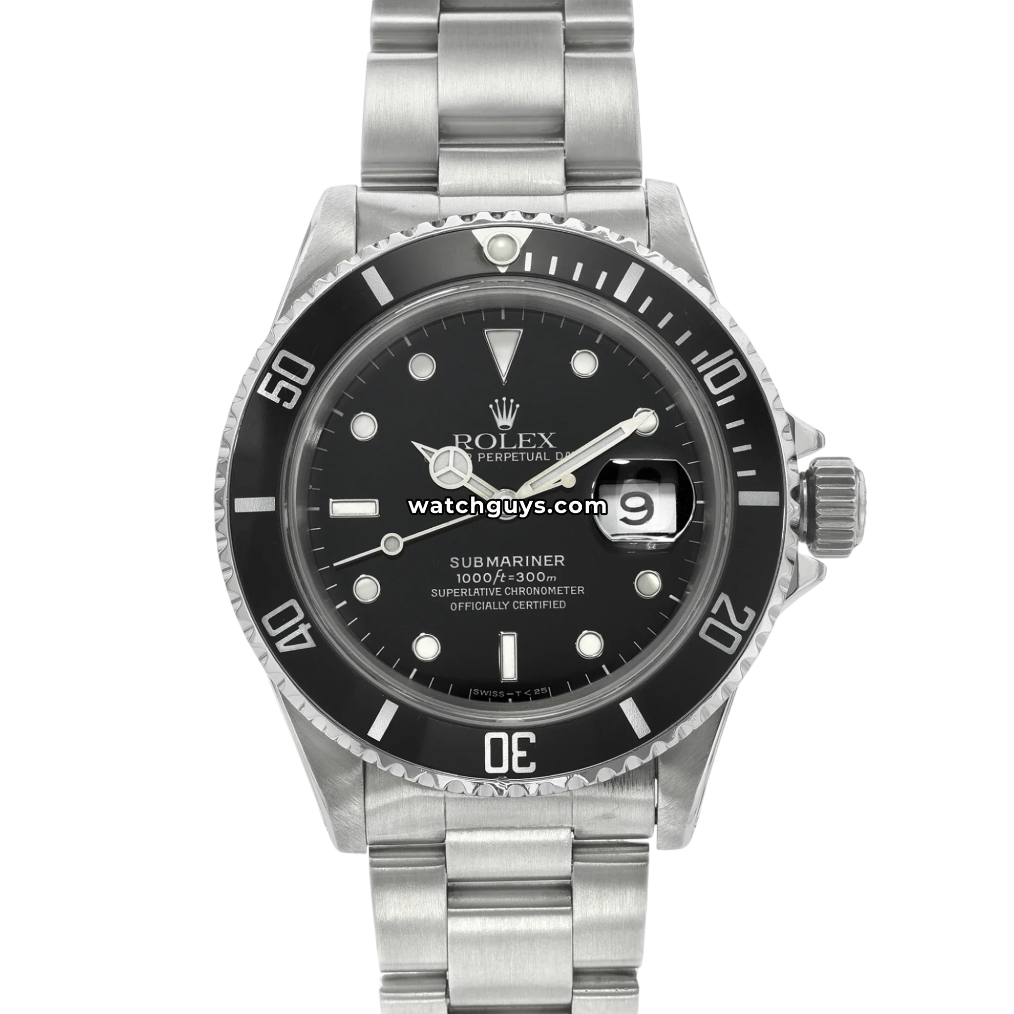 Rolex Submariner Date reference 16610 with black dial and aluminum bezel in stainless steel product photo from WatchGuys