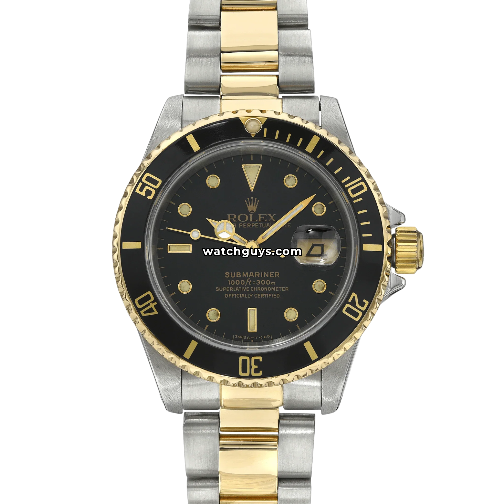 Custom Rolex Submariner reference 16613 in two-tone steel and yellow gold with aftermarket black crystal encrusted bezel product photo from WatchGuys