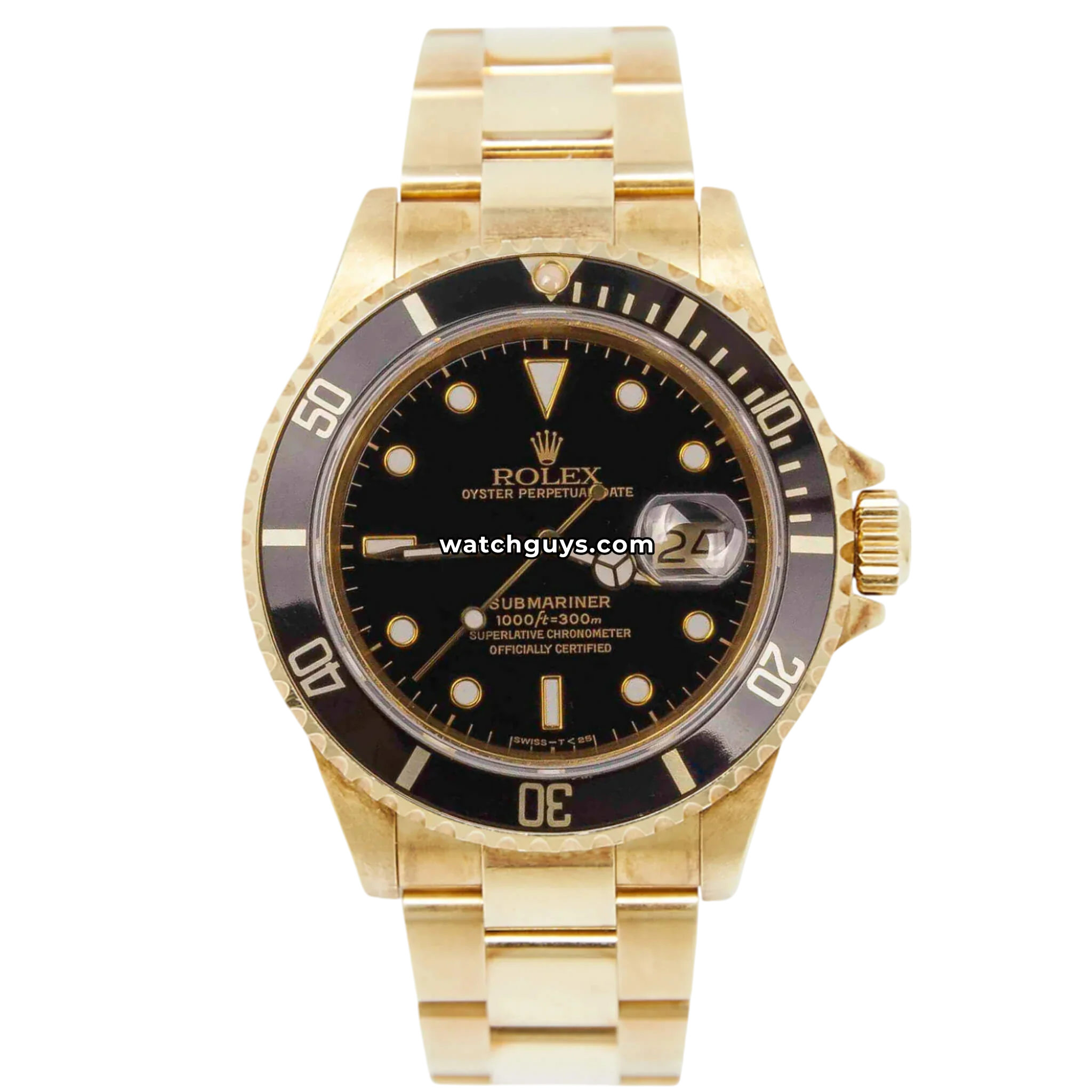 Custom Rolex Submariner reference 16618 in 18k yellow gold with aftermarket diamond bezel and dial product photo from WatchGuys